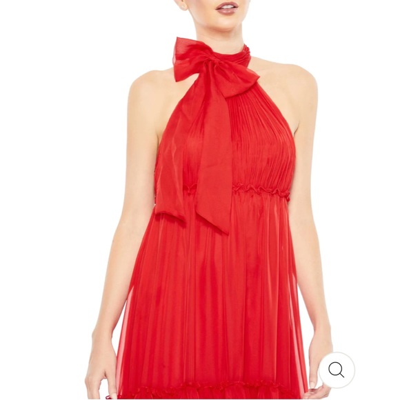 MAC DUGGAL RUCHED RUFFLE TIERED HIGH NECK BOW A LINE RED HALTER DRESS GOWN 4 - Picture 2 of 9